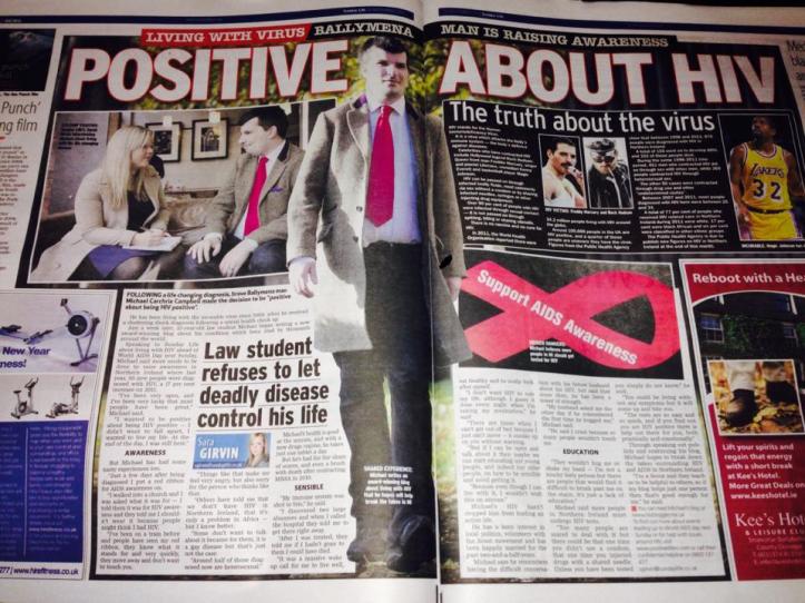 Photo of “Positive about HIV” article by Sara Girvin in the Sunday Life 24 Nov 2013.