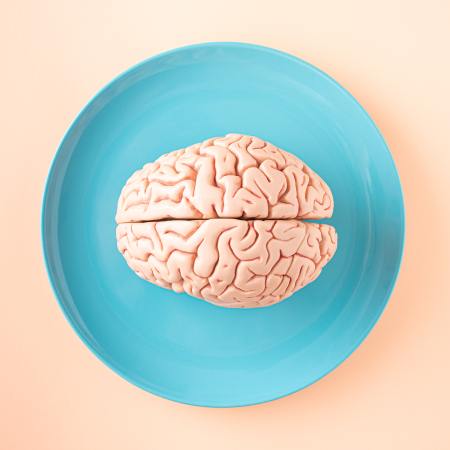 A blue plate with a model of a brain on it.