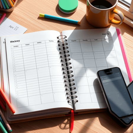 Planner with phones and pens.