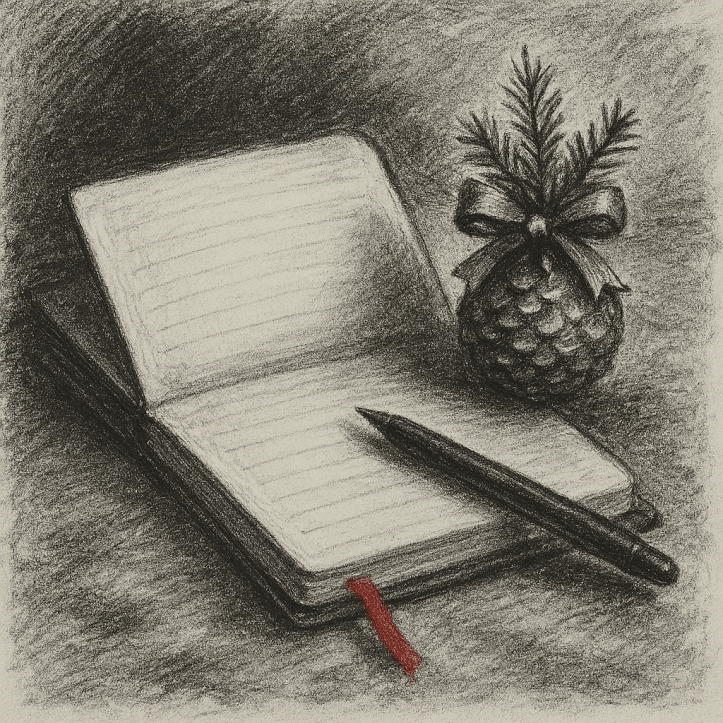 a notebook, pen, and a small Christmas decoration
