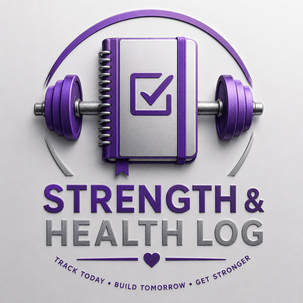 Purple and silver Strength & Health Log logo showing a notebook, tick box, and dumbbell symbolising fitness, health, and daily habit tracking.