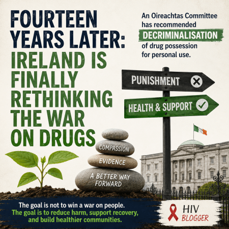 Poster urging a health-led drug policy in Ireland, with signs for support over punishment.