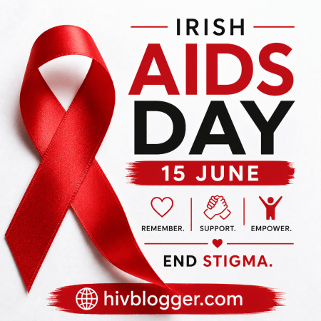 Irish AIDS Day graphic with red ribbon, 15 June, anti-stigma message, and hivblogger.com branding.